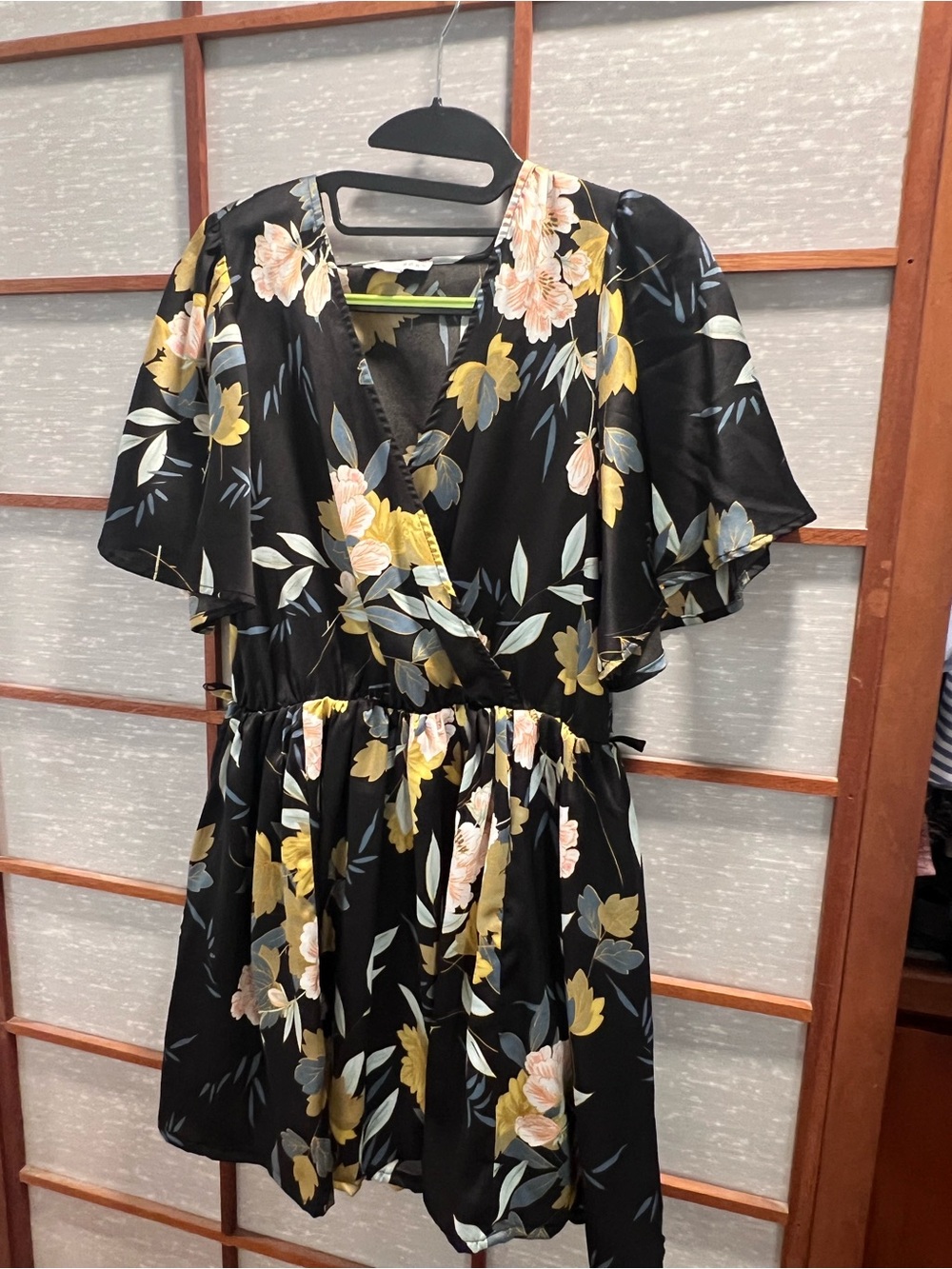 Women’s Black Floral Wrap Dress with Short Flutter Sleeves
